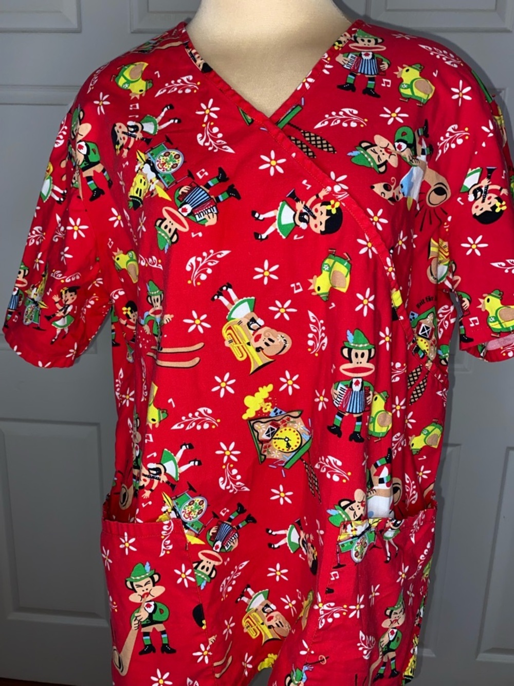 Paul Frank Red Novelty Oktoberfest Print V-Neck Scrub Top - Picture 5 of 5